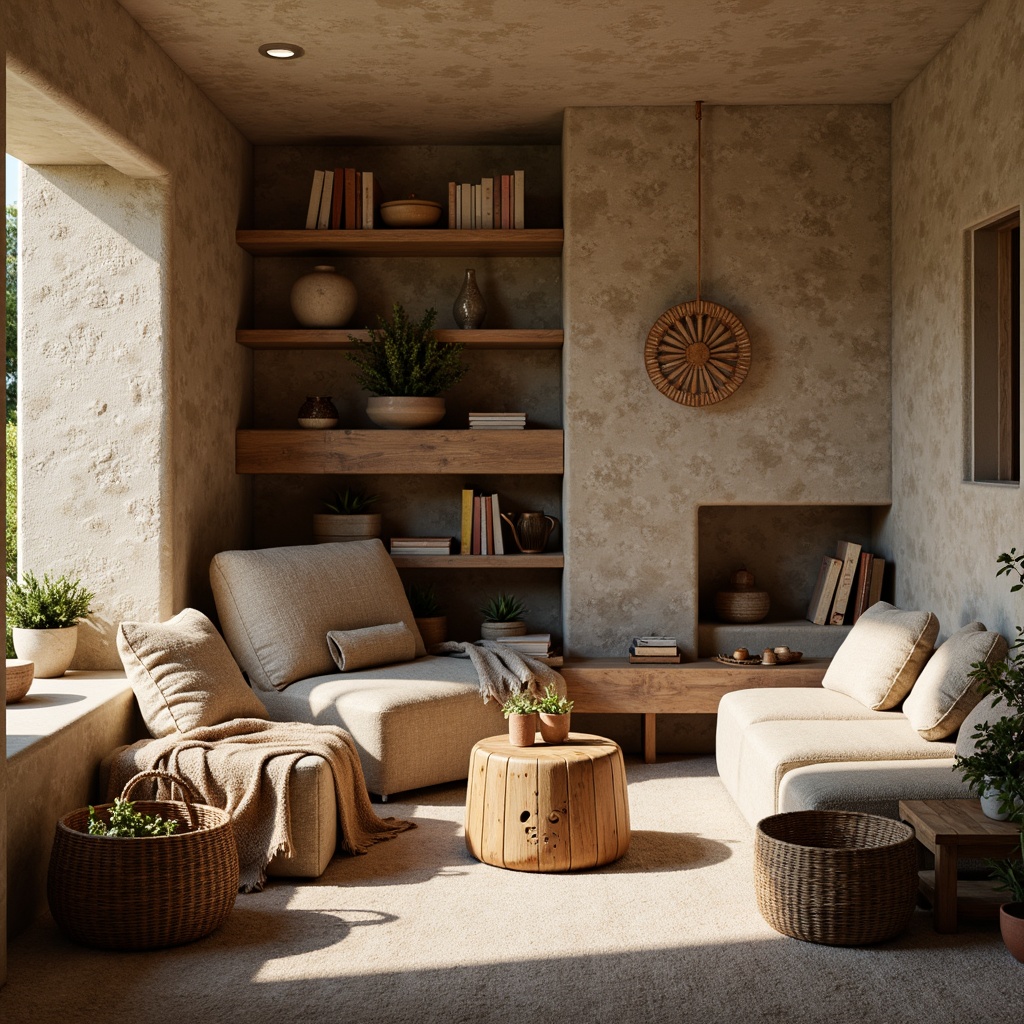 Prompt: Rustic textured walls, earthy tones, natural stone accents, cozy reading nooks, warm ambient lighting, plush throw blankets, woven baskets, wooden furniture, organic shapes, eclectic decor, vintage accessories, soft pastel colors, gentle shadows, 1/1 composition, realistic textures, subtle noise, morning sunlight, intimate atmosphere.