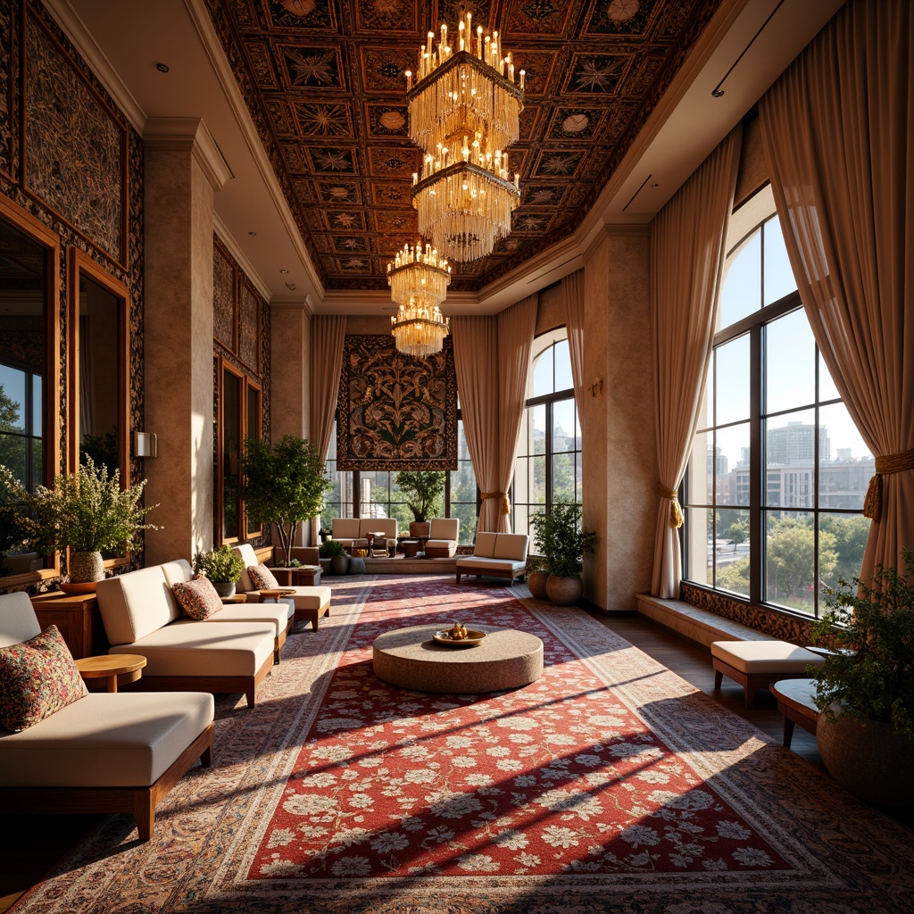 Prompt: Luxurious hotel lobby, intricately patterned rugs, opulent chandeliers, lavish furnishings, rich wood accents, ornate mirrors, warm ambient lighting, inviting seating areas, elegant drapery, vibrant cultural textiles, hand-woven tapestries, plush cushions, Moroccan-inspired mosaics, warm earthy tones, cozy reading nooks, grand staircases, lavish ballrooms, stunning city views, soft focus, shallow depth of field, 1/2 composition, realistic textures, ambient occlusion.