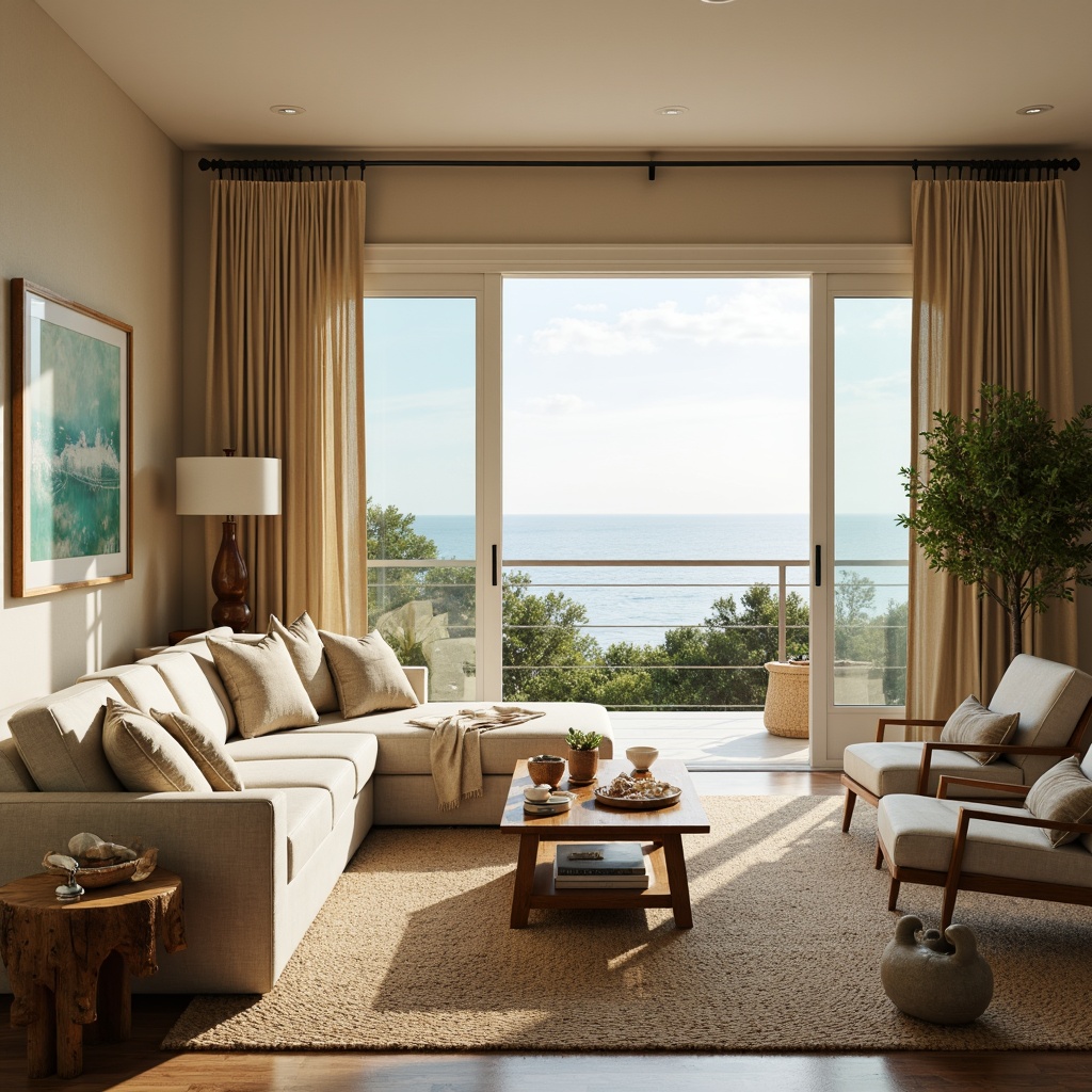 Prompt: Coastal living room, calming ocean views, sandy beige walls, driftwood accents, plush sectional sofas, woven jute rugs, natural fiber armchairs, distressed wood coffee tables, nautical-themed decorative items, shells, starfish, coral-inspired vases, soft blue-green color palette, warm golden lighting, relaxed atmosphere, minimal ornamentation, organic shapes, functional layout, 1/2 composition, warm beige curtains, ocean-breeze sound effects.