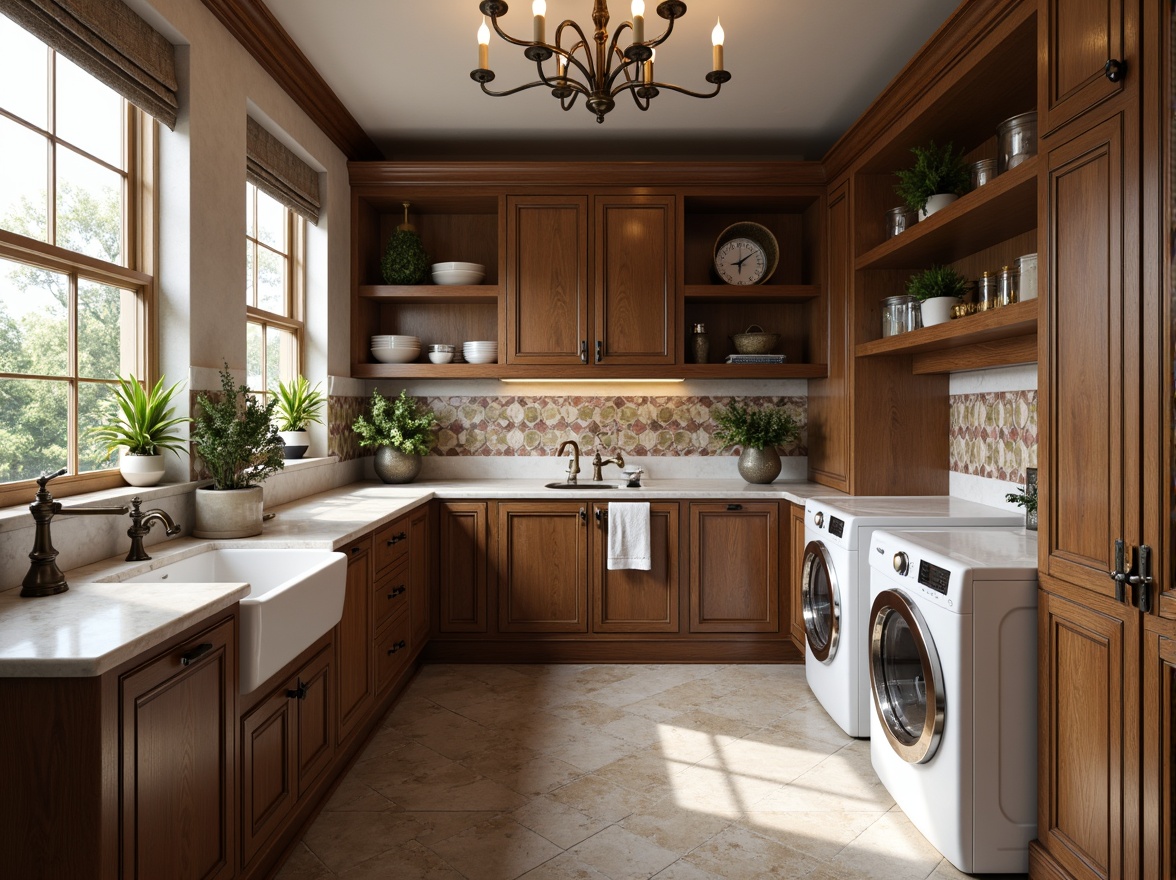 Prompt: Elegant laundry room, ornate cabinetry, antique bronze faucets, marble countertops, porcelain sink basins, decorative tile backsplashes, soft warm lighting, traditional architectural details, rich wood tones, luxurious textures, subtle color palette, vintage-inspired accessories, farmhouse-style sink, wall-mounted fixtures, rustic wooden shelves, distressed metal accents, natural stone flooring, classic window treatments, symmetrical composition, harmonious color scheme.