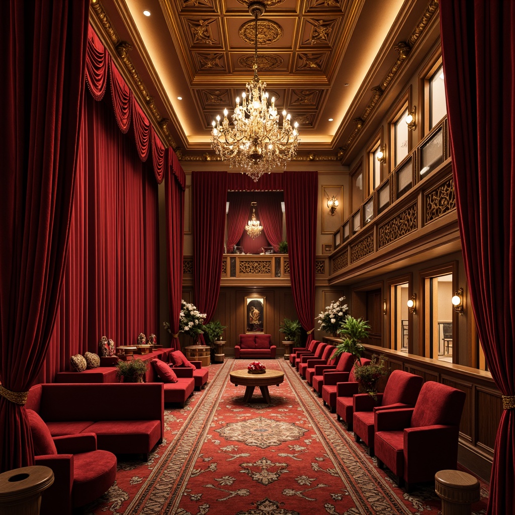 Prompt: Luxurious velvet drapes, rich wood accents, ornate golden details, plush crimson seats, dimmable warm lighting, intricate ceiling moldings, Baroque-inspired patterns, lavish fabrics, opulent chandeliers, grand staircases, majestic curtains, dramatic spotlights, 3/4 composition, shallow depth of field, realistic textures, ambient occlusion.