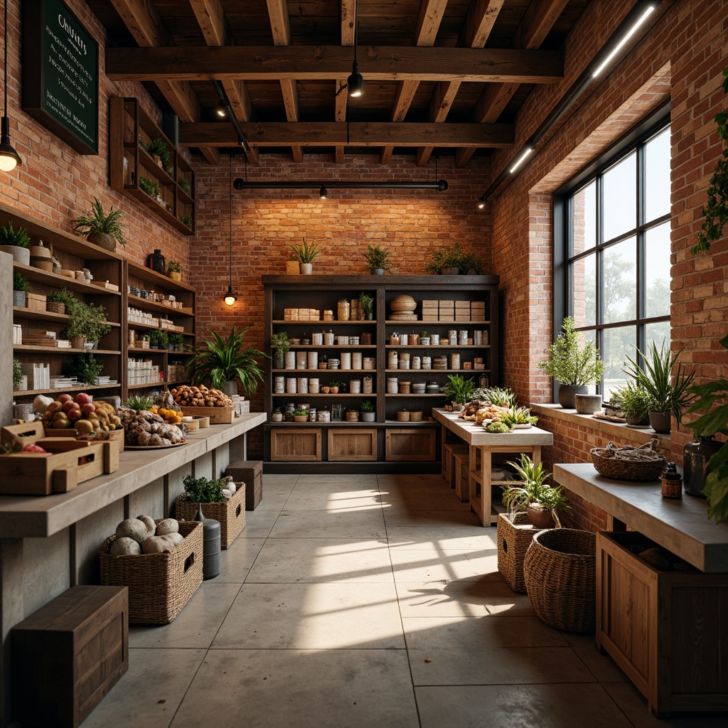 Prompt: Rustic grocery store interior, exposed brick walls, reclaimed wood shelving, distressed metal accents, earthy tone color palette, natural stone flooring, textured concrete countertops, wooden crates, woven baskets, pendant lighting, warm ambient glow, shallow depth of field, 3/4 composition, realistic textures, ambient occlusion.