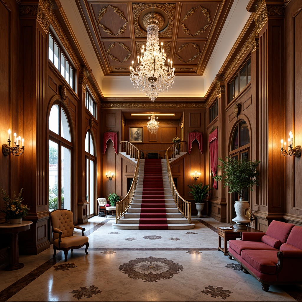 Prompt: Elegant classical interior, ornate moldings, rich wood paneling, marble floors, crystal chandeliers, velvet drapes, luxurious fabrics, antique furniture pieces, symmetrical layout, grand central staircase, spacious high ceilings, majestic columns, intricate carvings, soft warm lighting, shallow depth of field, 2/3 composition, realistic textures, ambient occlusion.