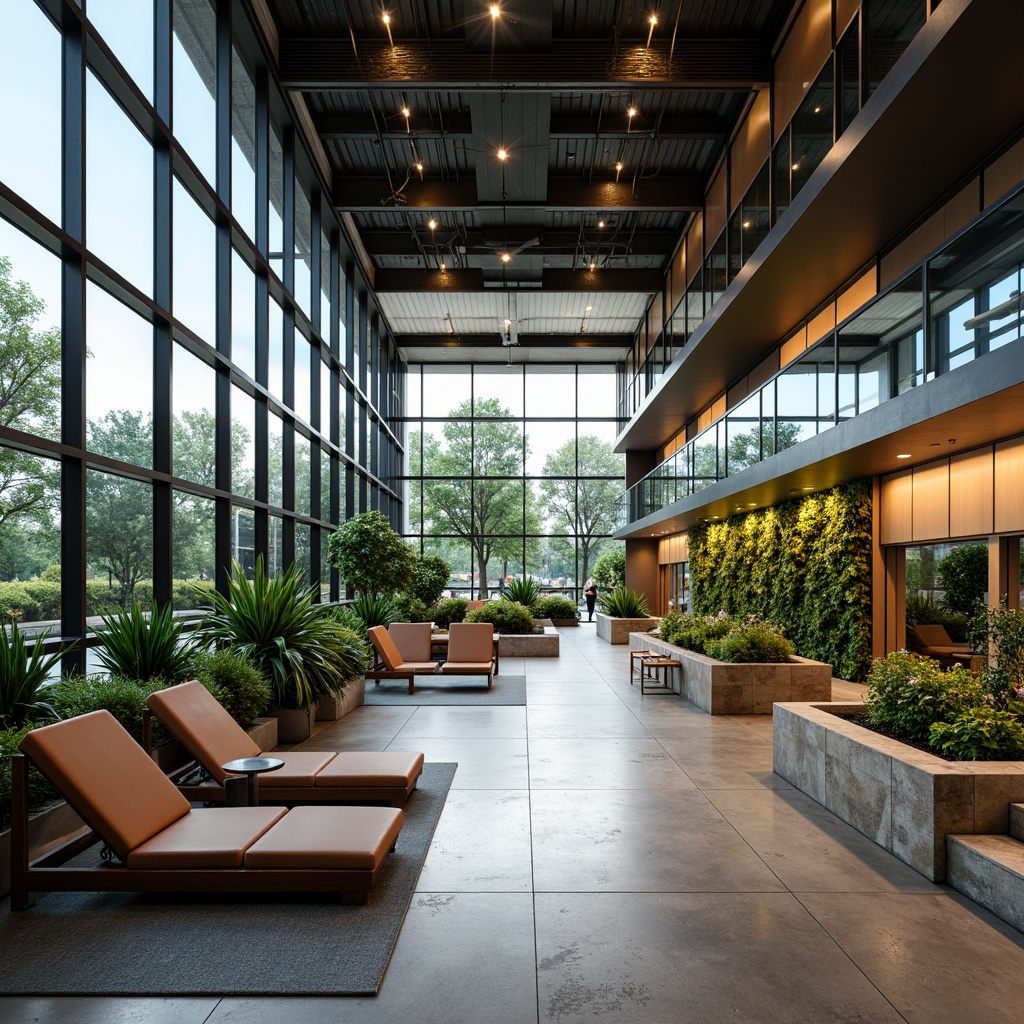 Prompt: Modern fitness club interior, high ceilings, minimal obstructions, floor-to-ceiling windows, transparent glass walls, reflective surfaces, mirrored accents, sleek metal beams, polished concrete floors, abundant natural light, warm color scheme, vibrant greenery, living walls, natural stone features, minimalist decor, modern LED lighting, subtle color temperature, 1/1 composition, shallow depth of field, panoramic view, realistic textures, ambient occlusion.