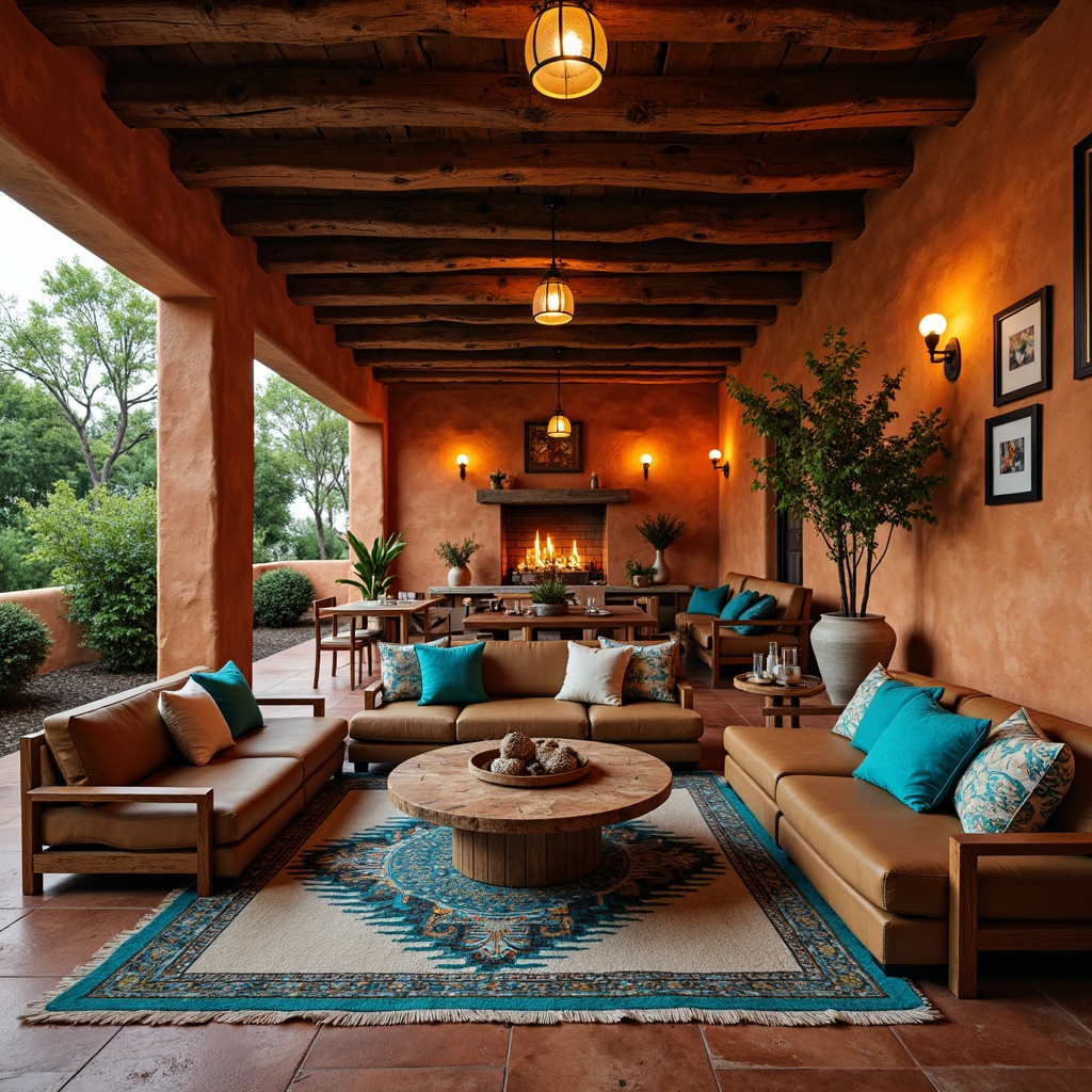 Prompt: Vibrant turquoise accents, earthy terracotta tones, woven Navajo-inspired patterns, plush Aztec-printed rugs, natural fiber textiles, rustic wooden furniture, distressed leather upholstery, ornate Talavera pottery, warm candlelight, cozy conversation pits, rustic stone walls, reclaimed wood ceilings, soft warm lighting, 3/4 composition, intimate atmosphere, rich cultural heritage.