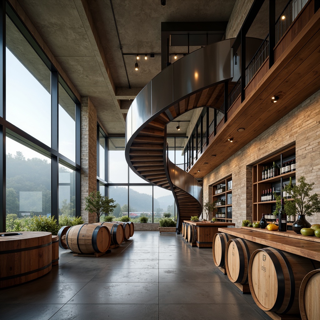 Prompt: Wineries futuristic interior, sleek metallic accents, polished wooden barrels, spiral staircase, minimalist chic decor, innovative fermentation tanks, wine bottle displays, industrial-chic lighting fixtures, reclaimed wood shelves, rustic stone walls, modernist architecture, panoramic vineyard views, natural light pouring in, warm cozy ambiance, soft focus blur, 1/2 composition, atmospheric fog effect, realistic metallic reflections.