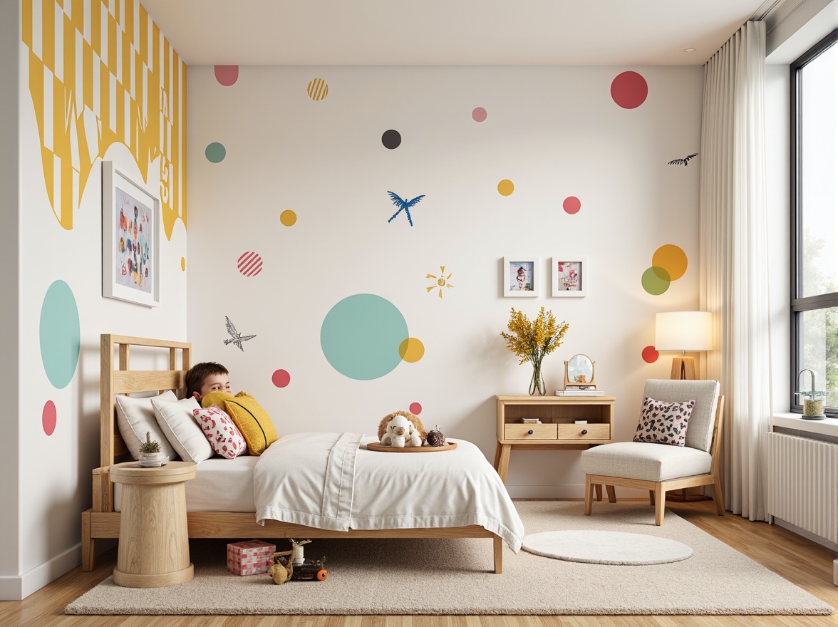 Prompt: Vibrant kids' room, playful wall decals, colorful polka dots, whimsical stripes, fun geometric patterns, textured 3D effects, soft pastel hues, creamy white walls, modern minimalist furniture, cozy reading nooks, plush area rugs, kid-friendly art pieces, framed childhood memories, natural wood accents, subtle LED lighting, warm beige carpeting, youthful energy, shallow depth of field, 1/2 composition, realistic textures, ambient occlusion.