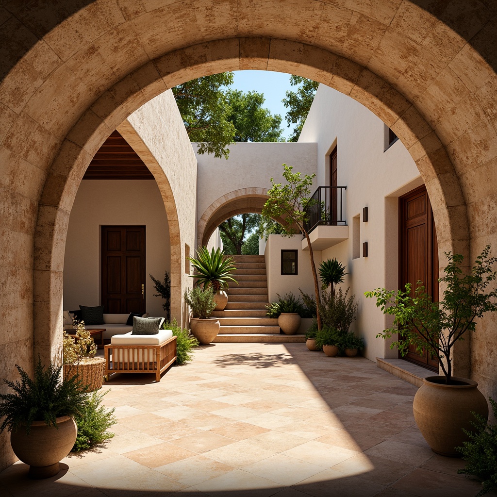 Prompt: Warm Mediterranean villa, textured stone walls, curved archways, ornate tile work, rustic wooden doors, wrought iron balconies, lush greenery, blooming flowers, sunny day, soft warm lighting, shallow depth of field, 3/4 composition, panoramic view, realistic textures, ambient occlusion, earthy color palette, natural materials, cozy interior ambiance.