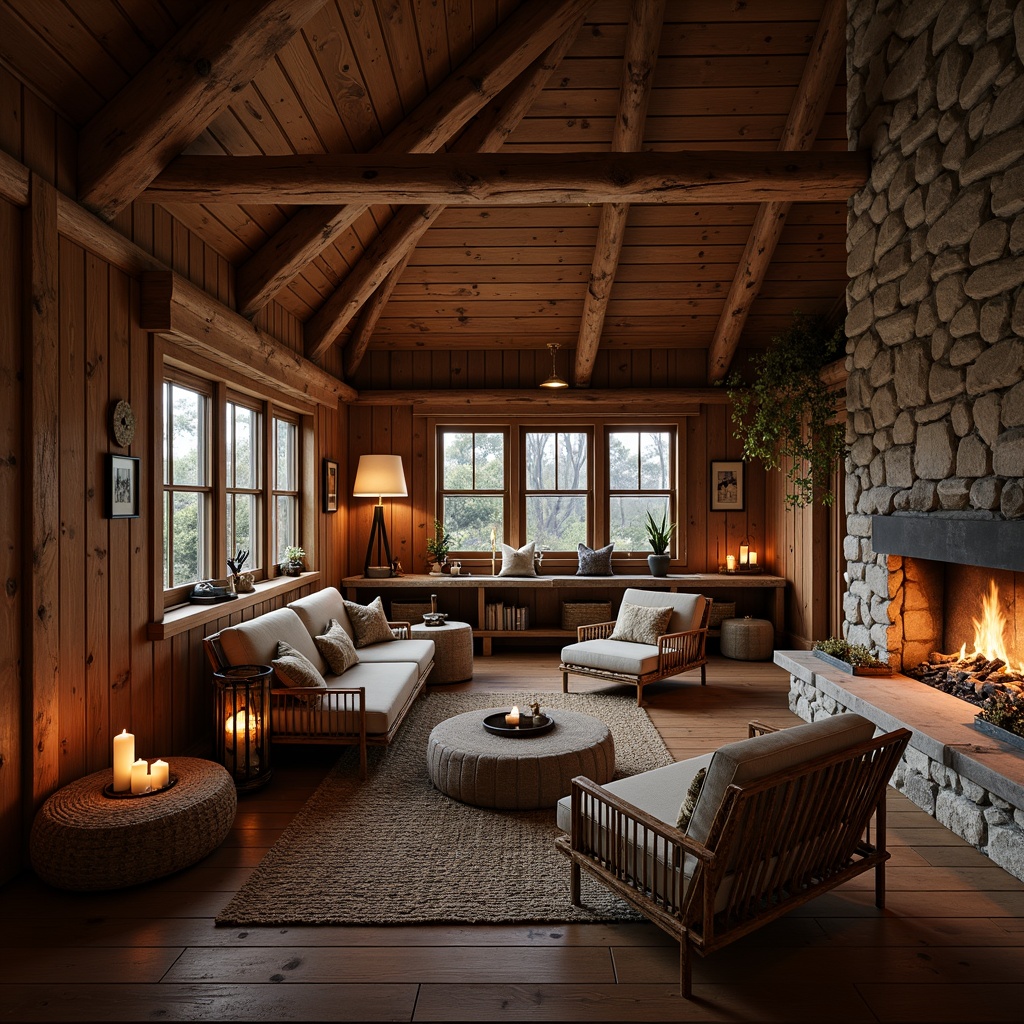 Prompt: Cozy cabin, wooden accents, natural textures, earthy tones, warm ambiance, soft candlelight, vintage metal lanterns, rustic wooden beams, stone fireplaces, crackling flames, intimate gathering spaces, comfortable seating areas, woven wicker furniture, distressed wood finishes, soft warm lighting, shallow depth of field, 1/1 composition, realistic materials, ambient occlusion.