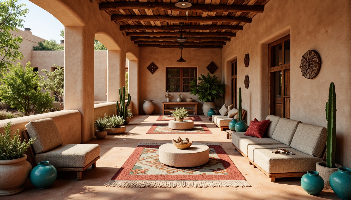 Prompt: Adobe earth-toned stucco walls, natural stone accents, distressed wood beams, rustic metal decorations, warm terracotta flooring, vibrant turquoise pottery, woven Native American-inspired textiles, geometric patterned rugs, lush greenery, cacti plants, warm sunny day, soft warm lighting, shallow depth of field, 3/4 composition, realistic textures, ambient occlusion.