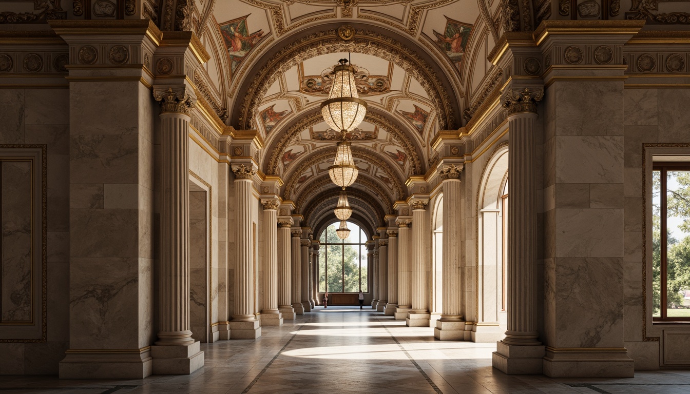 Prompt: Ornate columns, carved capitals, grand arches, symmetrical facades, ornamental moldings, decorative cornices, classical pediments, limestone walls, marble floors, crystal chandeliers, intricate frescoes, gilded accents, subtle warm lighting, shallow depth of field, 2/3 composition, realistic textures, ambient occlusion.