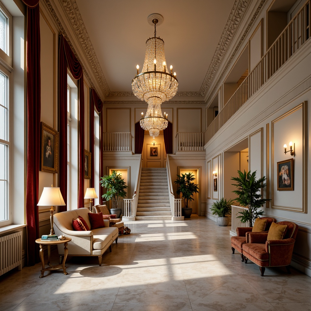 Prompt: Elegant classic interior, ornate furnishings, rich velvet drapes, polished marble floors, crystal chandeliers, grand staircases, intricate moldings, luxurious fabrics, neutral color palette, subtle patterns, sophisticated ambiance, warm golden lighting, soft focus, shallow depth of field, 1/1 composition, symmetrical framing, realistic textures, ambient occlusion.