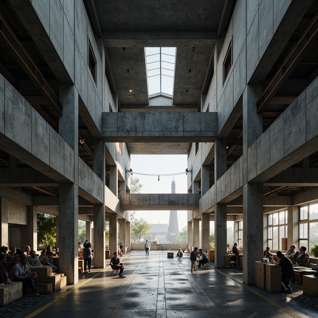 Prompt: Rugged distribution center, brutalist architecture, exposed concrete walls, steel beams, industrial pipes, functional design, open floor plan, high ceilings, raw textures, urban atmosphere, cityscape background, morning mist, soft natural lighting, shallow depth of field, 2/3 composition, symmetrical view, realistic materials, ambient occlusion.