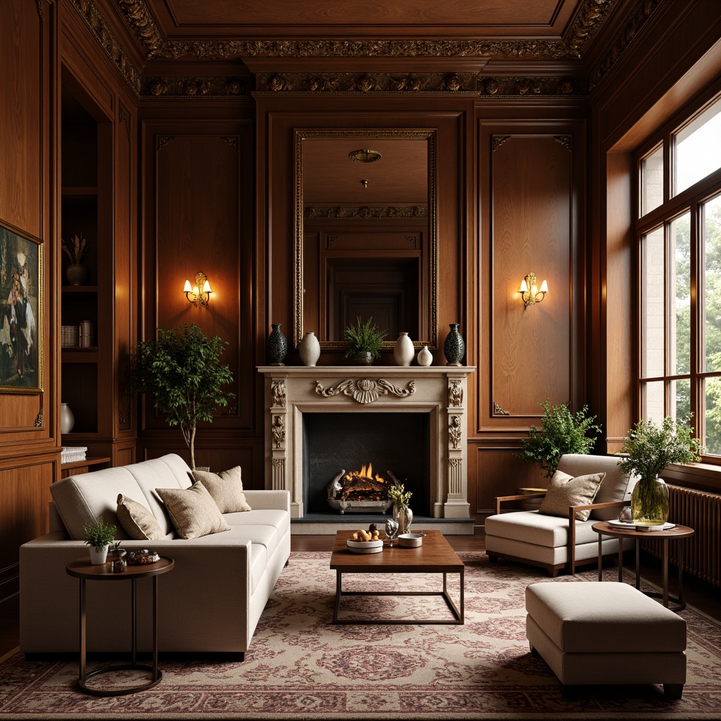 Prompt: Elegant living room, rich wood tones, ornate carvings, velvet upholstery, antique furniture pieces, refined modern accents, sleek metal frames, minimalist coffee tables, luxurious fabrics, subtle pattern mixing, warm golden lighting, soft focus, 3/4 composition, shallow depth of field, realistic textures.