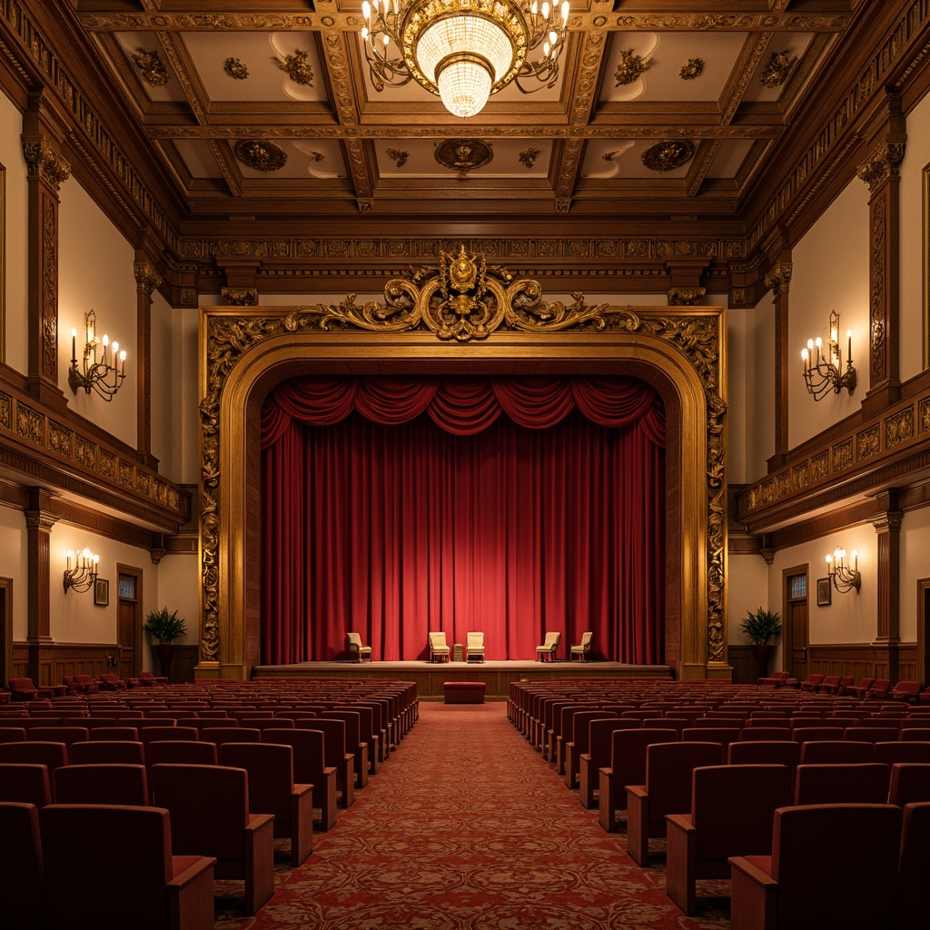 Prompt: Elegant traditional performing arts center, ornate wooden stage, rich velvet curtains, golden chandeliers, classic seating arrangements, plush red seats, intricately carved wooden armrests, polished brass accents, dimmable warm lighting, shallow depth of field, 2/3 composition, symmetrical view, realistic textures, ambient occlusion, grand high ceiling, intricate moldings, ornate wall decorations, lavish drapery, refined atmosphere, soft warm glow.