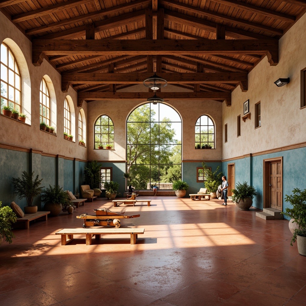 Prompt: Warm Mediterranean gymnasium, terracotta flooring, distressed wood accents, natural stone walls, arched windows, rustic metal fixtures, earthy color palette, sienna red tones, soft blue hues, creamy whites, lush greenery, potted plants, wooden benches, antique athletic equipment, vintage-inspired lighting, warm golden lighting, shallow depth of field, 1/1 composition, realistic textures, ambient occlusion.