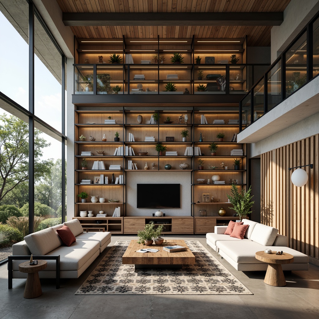 Prompt: Modern minimalist living room, floor-to-ceiling shelves, sleek metal frames, reclaimed wood accents, industrial chic decor, ample storage space, decorative display areas, geometric-patterned rugs, soft warm lighting, 1/2 composition, shallow depth of field, realistic textures, ambient occlusion.