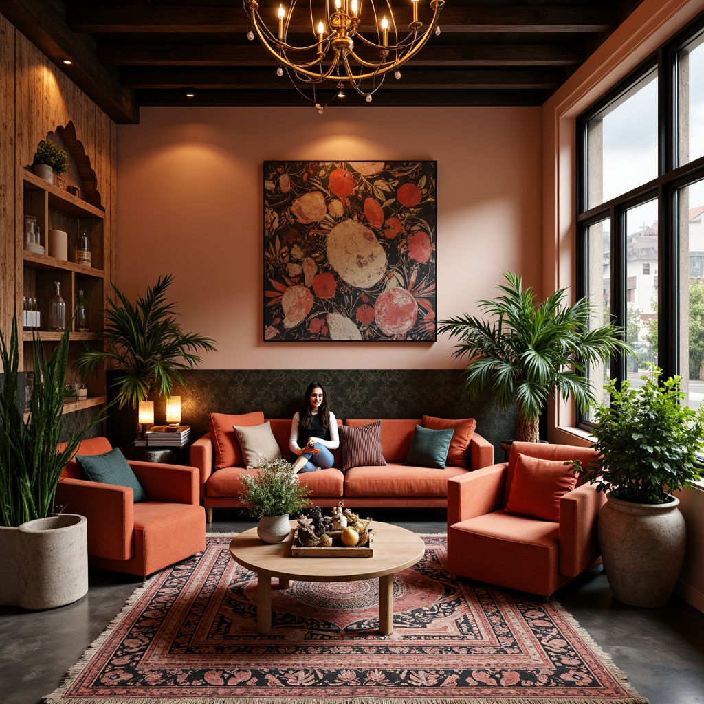 Prompt: Vibrant bohemian atmosphere, rich velvet fabrics, distressed wood textures, eclectic pattern mixes, bold black lines, earthy terracotta tones, soft peach hues, metallic gold accents, abstract expressionist art, ornate Moroccan tiles, lush greenery, warm candlelight, shallow depth of field, 1/1 composition, realistic textures, ambient occlusion.