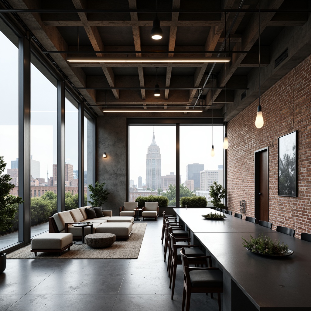 Prompt: Urban loft interior, open space layout, streamline moderne aesthetic, industrial chic decor, exposed brick walls, polished concrete floors, minimalist furniture, sleek metal accents, floor-to-ceiling windows, natural light pouring in, urban cityscape views, modern art pieces, monochromatic color scheme, neutral tone palette, ambient soft lighting, shallow depth of field, 3/4 composition, panoramic view, realistic textures, subtle shadows.