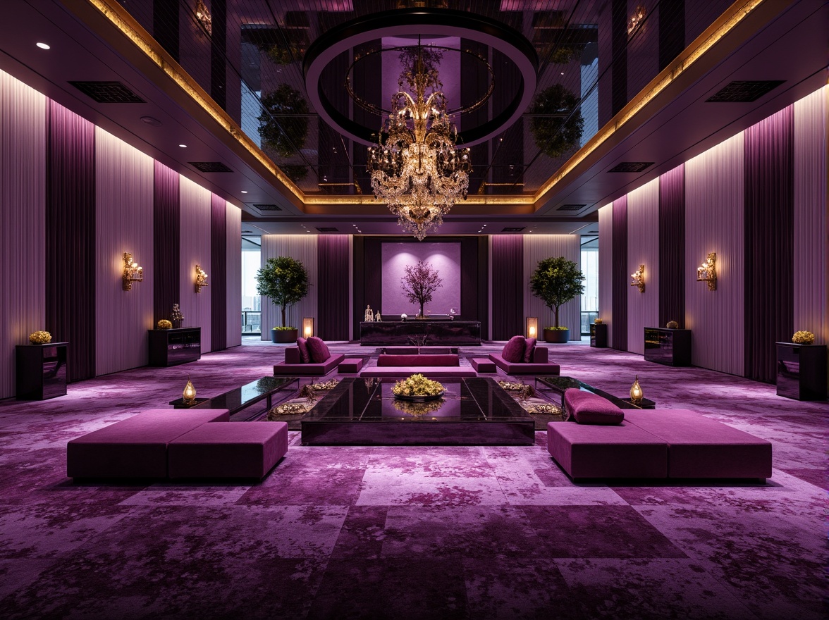 Prompt: Rich amethyst accents, luxurious velvet fabrics, regal purple hues, ornate gold decorations, lavish crystal chandeliers, sophisticated modern architecture, sleek glass surfaces, minimalist interior design, ambient soft lighting, shallow depth of field, 1/1 composition, realistic textures, subtle gradient effects.