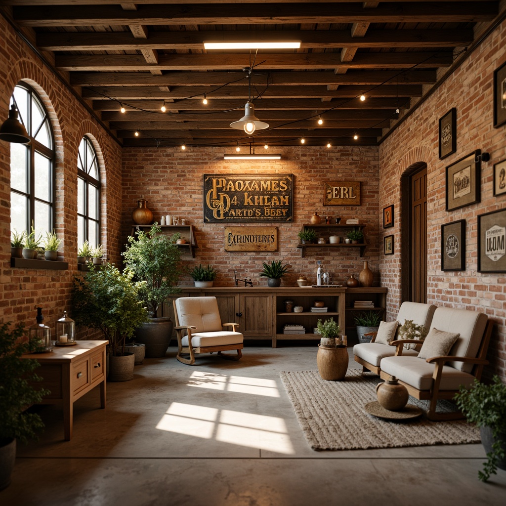 Prompt: Rustic family garage, wooden accents, earthy tones, vintage metal signs, distressed brick walls, warm ambient lighting, soft box lights, industrial pendant lamps, metal lanterns, reclaimed wood shelves, cozy nooks, natural stone flooring, exposed beams, country-style decor, warm beige colors, soft warm glow, shallow depth of field, 1/1 composition, realistic textures, subtle shadows.