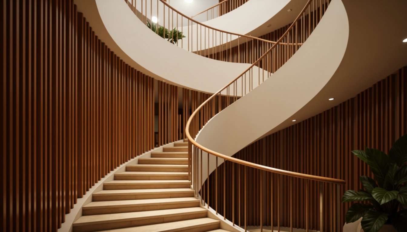 Prompt: Sweeping staircase, undulating handrails, sinuous balusters, curved treads, fluid-like railings, organic shapes, flowing lines, minimalist aesthetic, luxurious materials, polished chrome accents, rich wood tones, ambient lighting, warm glow, soft shadows, shallow depth of field, 1/2 composition, atmospheric perspective, realistic textures, subtle reflections.