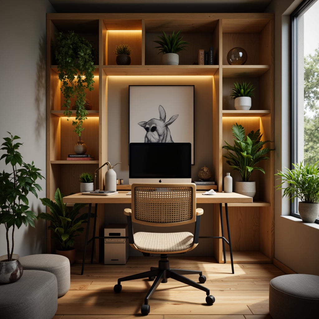 Prompt: Cozy home office, wooden desk, ergonomic chair, comfortable cushions, natural wood grain, soft warm lighting, plants on shelves, modern minimalist decor, wall-mounted shelves, hidden storage compartments, adjustable monitor arm, sleek metal legs, woven fabric upholstery, calm color palette, subtle textures, shallow depth of field, 3/4 composition, realistic reflections.