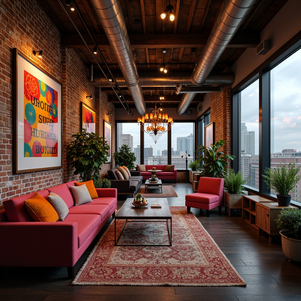 Prompt: Vibrant eclectic interior, exposed brick walls, reclaimed wood accents, industrial chic decor, bold colorful artwork, statement furniture pieces, modern minimalist chandeliers, sleek metal sconces, Edison bulb pendant lights, LED strip lighting, neon signs, ambient floor lamps, natural textiles, plush area rugs, cozy reading nooks, oversized windows, cityscape views, soft warm glow, 1/1 composition, realistic shadows, atmospheric rendering.