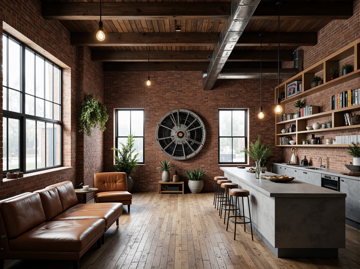 Prompt: Exposed brick walls, metal beams, reclaimed wood floors, industrial-style lighting fixtures, vintage factory windows, urban loft atmosphere, distressed leather sofas, metallic accents, Edison bulbs, concrete countertops, minimalist decor, functional shelving units, mechanical-inspired artwork, neutral color palette, high ceilings, open floor plans, natural light pouring in, 3/4 composition, shallow depth of field, realistic textures.