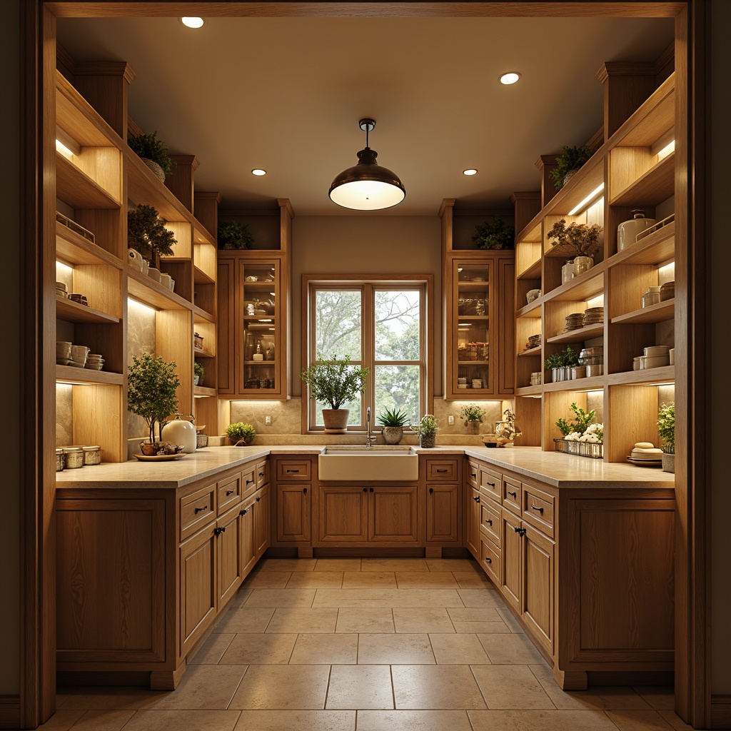 Prompt: Cozy pantry space, warm white lighting, recessed LED lights, under-cabinet lighting, pendant lamps, metal shades, rustic wooden accents, open shelving, decorative jars, natural stone countertops, farmhouse-style sink, warm beige walls, soft focus, shallow depth of field, 1/1 composition, realistic textures, ambient occlusion.