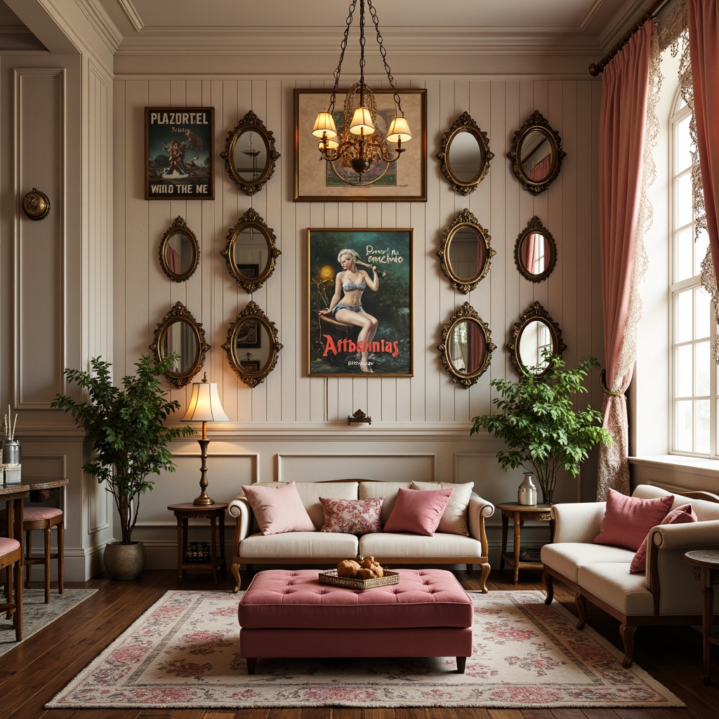 Prompt: Whimsical game room, distressed wood accents, vintage gaming posters, soft pastel colors, creamy whites, warm beiges, faded pinks, mauve undertones, rustic metal decorations, ornate mirrors, plush velvet furniture, tufted ottomans, lace-trimmed curtains, floral patterns, subtle sparkle, warm golden lighting, cozy atmosphere, 1/1 composition, shallow depth of field, soft focus, gentle bokeh.