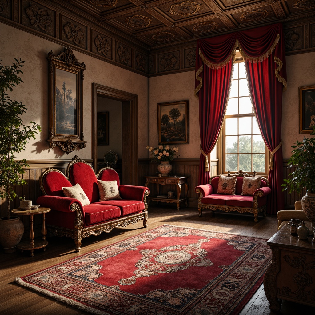 Prompt: Richly ornamented interior, luxurious velvet fabrics, intricately patterned rugs, ornate wooden furniture, carved stone walls, distressed metal accents, warm golden lighting, shallow depth of field, 1/1 composition, realistic textures, ambient occlusion, lavish decorative elements, opulent color palette.