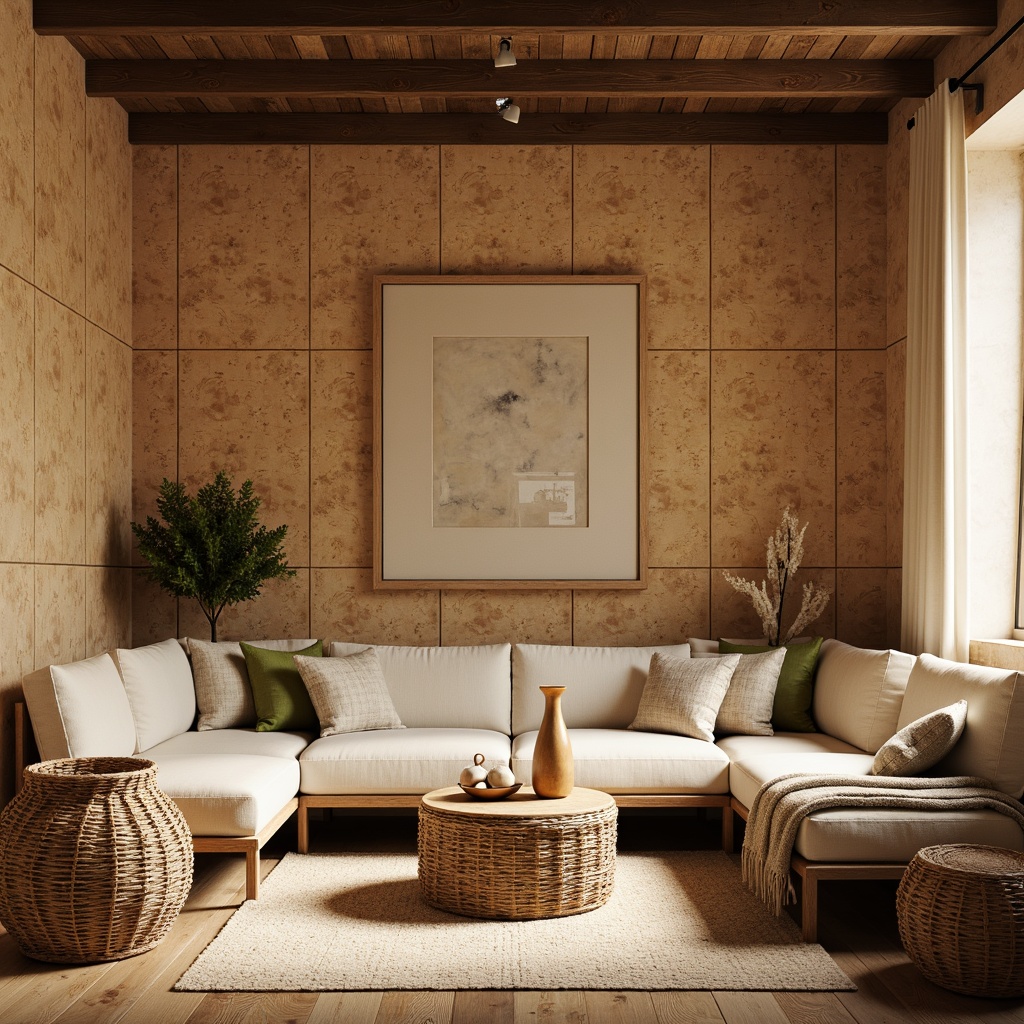 Prompt: Warm earthy cork walls, natural texture, organic patterns, soft beige tones, creamy whites, weathered wood accents, woven baskets, rattan furniture, cozy throw blankets, ambient warm lighting, shallow depth of field, 1/1 composition, realistic textures, rustic charm, inviting atmosphere.