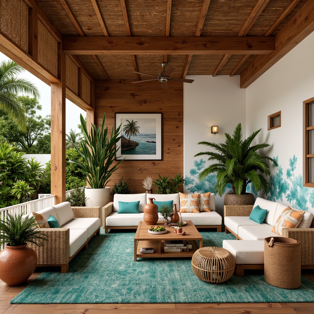 Prompt: Vibrant tropical interior, exotic wood paneling, woven rattan furniture, natural fiber textiles, lush greenery, palm tree silhouettes, ocean-inspired color palette, turquoise accents, coral-patterned ceramics, smooth stucco walls, bamboo flooring, woven bamboo ceilings, natural linen upholstery, earthy terracotta pottery, rustic wooden decorative elements, soft warm lighting, 1/1 composition, realistic textures, ambient occlusion.