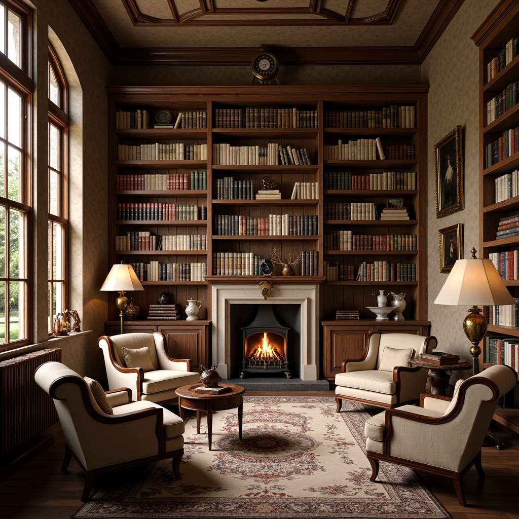 Prompt: Cozy rustic library, warm wooden shelves, vintage book collections, plush armchairs, soft cushions, crackling fireplace, dimmable table lamps, floor-to-ceiling windows, natural sunlight, warm beige walls, dark wood accents, comfortable reading nooks, rich leather-bound books, golden lamp fixtures, warm ambient lighting, shallow depth of field, 1/2 composition, inviting atmosphere.