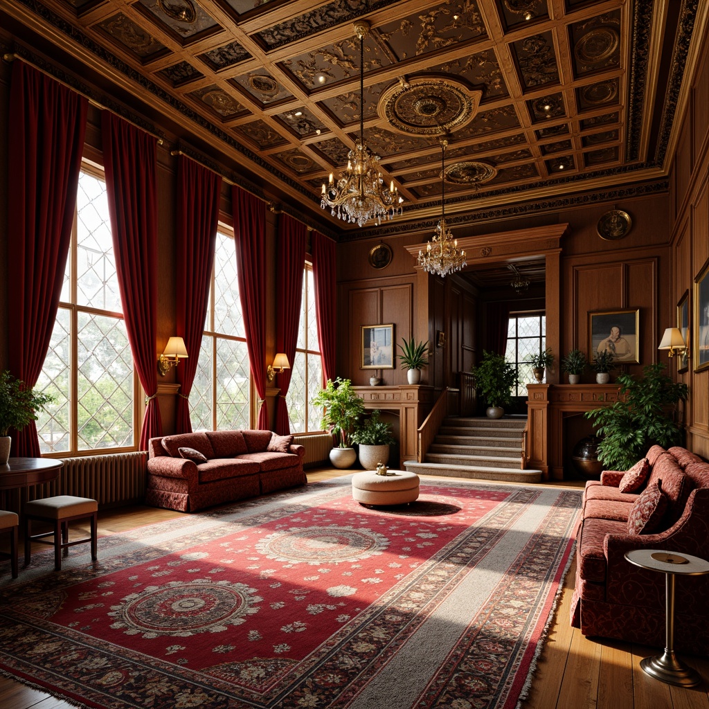 Prompt: Opulent parlour, intricately patterned rugs, rich velvet drapes, ornate wooden paneling, gilded ceiling details, crystal chandeliers, antique furnishings, lavish upholstery, curved banisters, decorative newel posts, stained glass windows, warm golden lighting, shallow depth of field, 1/1 composition, realistic textures, ambient occlusion.