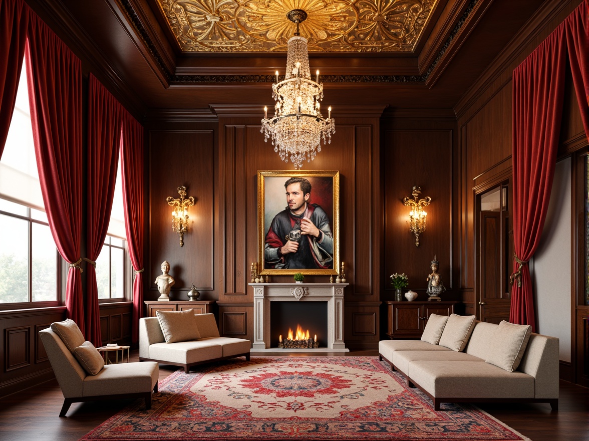 Prompt: Luxurious velvet drapes, ornate gold frames, crystal chandeliers, rich wood paneling, plush area rugs, vibrant artwork, sculptures, metallic accents, abstract patterns, soft warm lighting, shallow depth of field, 1/1 composition, realistic textures, ambient occlusion.