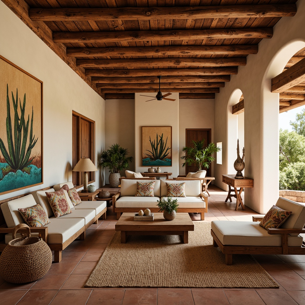 Prompt: \Southwestern-style living room, terracotta floor tiles, warm beige walls, natural fiber rugs, woven baskets, wooden furniture, earthy color palette, desert botanical prints, cactus plants, turquoise accents, geometric patterned throw pillows, adobe-inspired architectural elements, rustic wood beams, warm ambient lighting, shallow depth of field, 3/4 composition, panoramic view, realistic textures, ambient occlusion.\Let me know if you'd like me to generate another one!