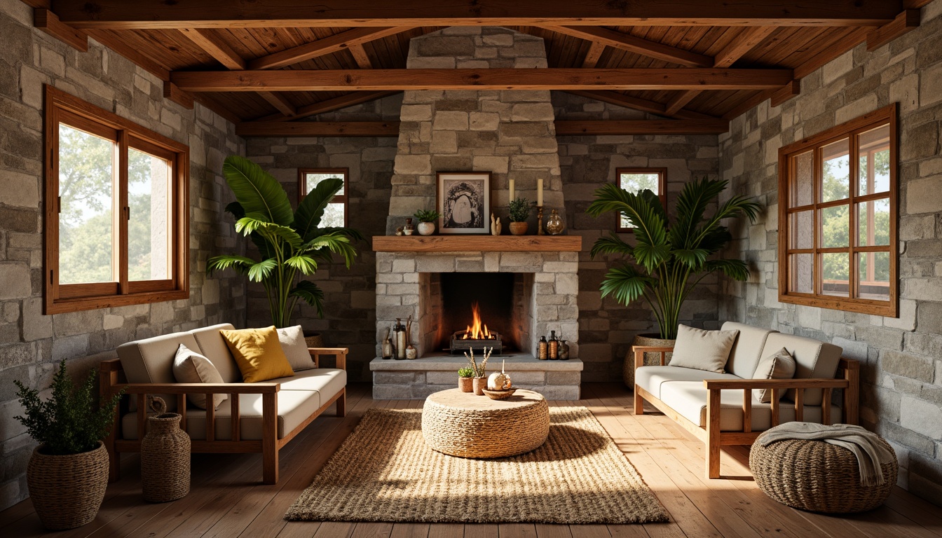 Prompt: Rustic wooden cabin, natural stone walls, earthy tones, woven bamboo furniture, jute rug, potted plants, reclaimed wood accents, organic textures, cozy fireplace, warm soft lighting, shallow depth of field, 1/1 composition, realistic wood grain, ambient occlusion.