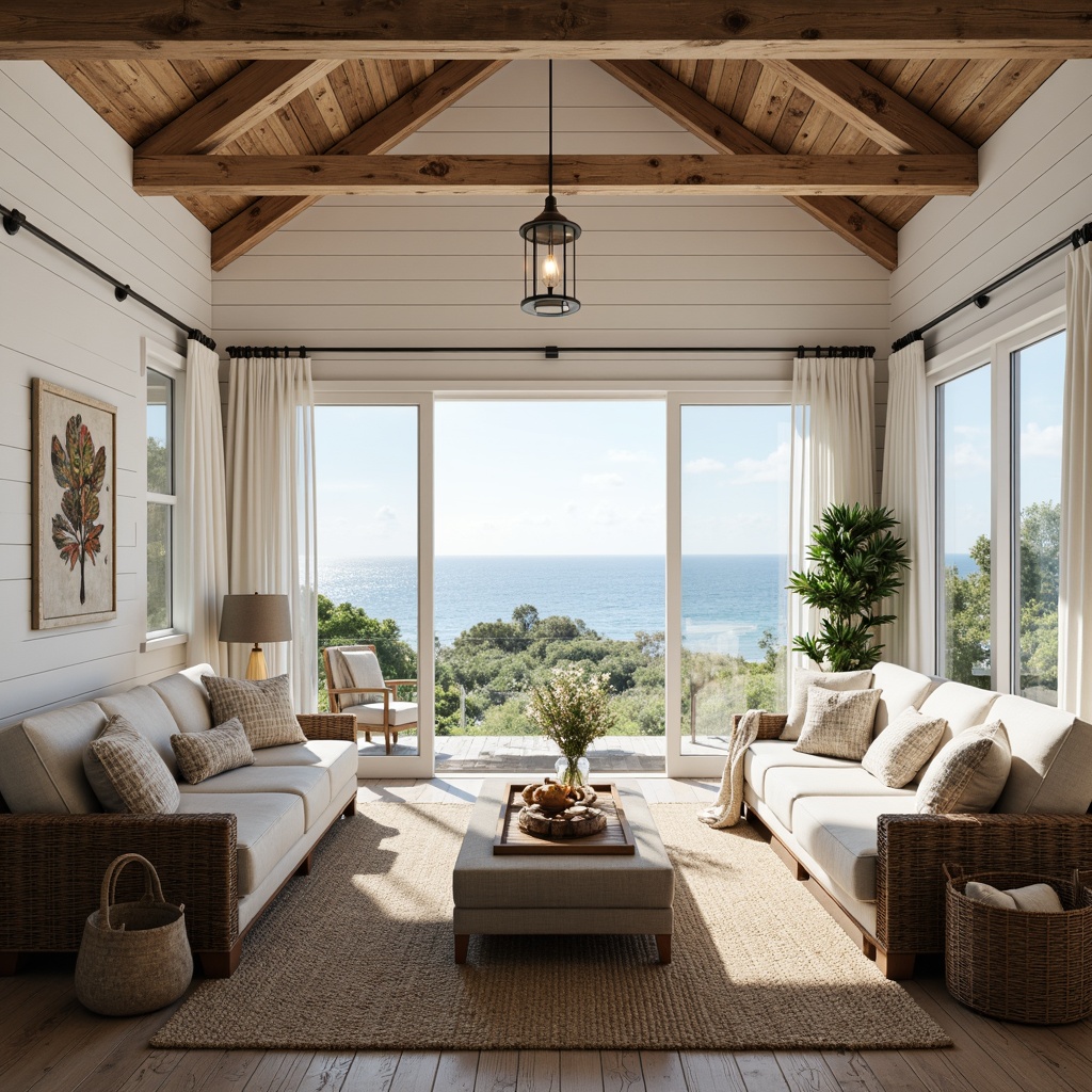 Prompt: Coastal sunroom, large windows, sliding glass doors, ocean views, natural light pouring in, white shiplap walls, driftwood accents, nautical decor, woven sea grass rugs, plush sofas, beachy color palette, calming atmosphere, sheer curtains, wooden ceiling beams, pendant lanterns, soft warm lighting, shallow depth of field, 3/4 composition, panoramic view, realistic textures, ambient occlusion.