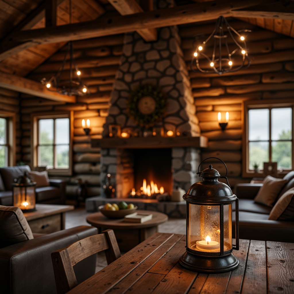 Prompt: Rustic cabin, wooden accents, vintage metal lanterns, warm candlelight, distressed wood textures, earthy tones, cozy fireplace, natural stone walls, exposed beams, country-chic decor, pendant lamps, Edison bulbs, soft ambient lighting, warm color temperature, shallow depth of field, 1/1 composition, intimate atmosphere, realistic shadows, subtle gradient maps.