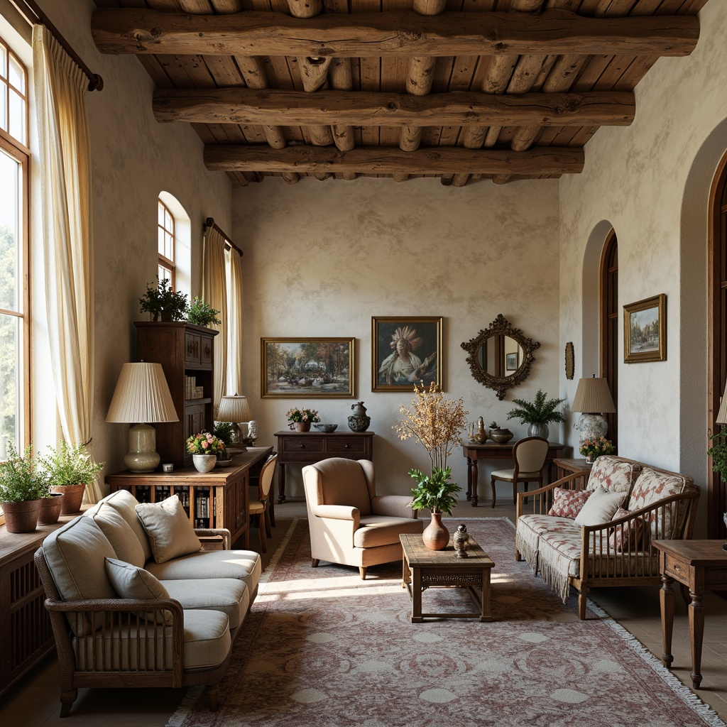 Prompt: Rustic French country villa, distressed wood accents, soft cream-colored walls, vintage furniture pieces, ornate metalwork, plush velvet fabrics, intricate lace details, rich brocade patterns, woven natural fibers, linen upholstery, delicate florals, muted earthy tones, warm candlelight, 1/2 composition, shallow depth of field, realistic textures, ambient occlusion.