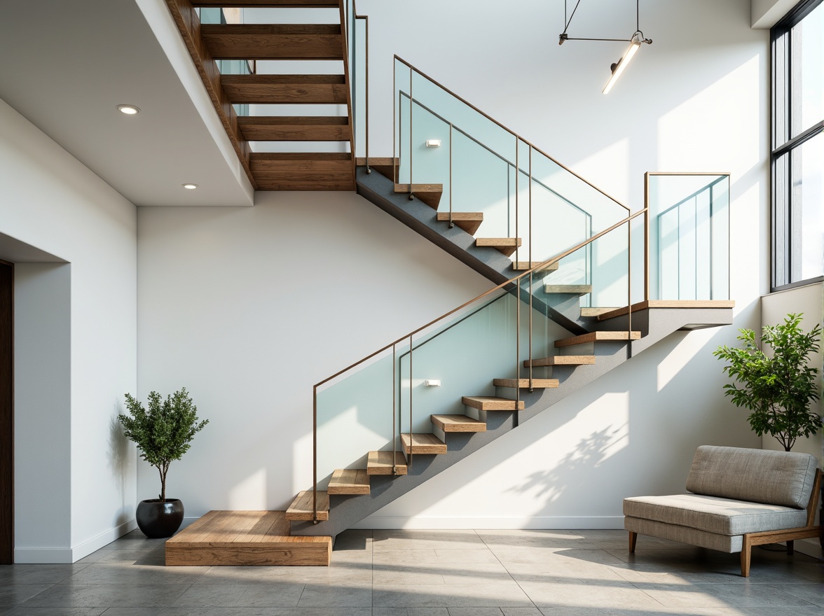 Prompt: Floating staircase, transparent glass railings, minimalist steel framework, sleek wooden treads, subtle LED lighting, pure white walls, polished concrete floors, sparse greenery, industrial-chic decor, airy openness, natural light pouring in, shallow depth of field, 1/2 composition, low-angle shot, realistic reflections, ambient occlusion.