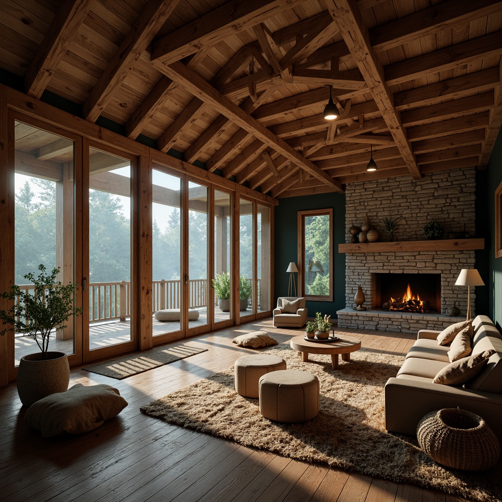 Prompt: Rustic wooden cabin, exposed wood beams, natural textures, earthy tones, cozy atmosphere, warm lighting, stone fireplace, plush furniture, woven rugs, nature-inspired decor, forest surroundings, misty morning, soft focus, shallow depth of field, 1/1 composition, cinematic mood, realistic rendering.