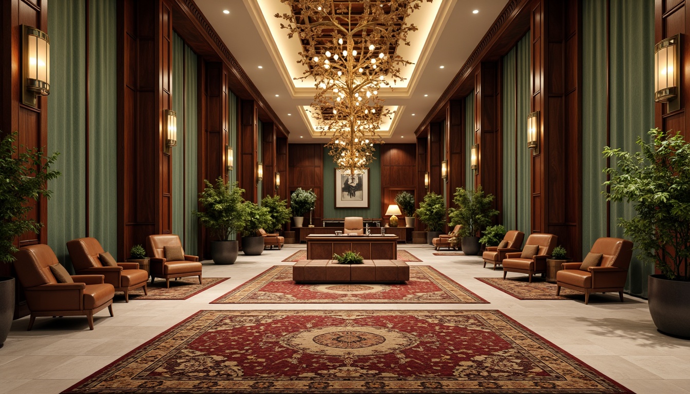 Prompt: Luxurious office interior, ornate wooden paneling, richly textured carpeting, sophisticated lighting fixtures, elegant executive desks, plush leather chairs, refined metal accents, intricate patterned rugs, lavish green walls, floor-to-ceiling windows, natural stone flooring, opulent chandeliers, warm neutral color palette, inviting reception areas, dramatic ceiling treatments, 1/2 composition, softbox lighting, atmospheric ambiance, realistic reflections.