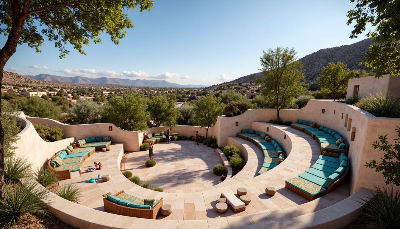 Prompt: Southwestern amphitheater, tiered seating, vibrant turquoise accents, natural stone walls, earthy tone flooring, desert landscape, cactus plants, warm sunny day, clear blue sky, innovative seating arrangement, curved rows, social distancing, comfortable cushions, rustic wooden benches, woven wicker furniture, colorful patterned textiles, lantern-style lighting, ambient occlusion, shallow depth of field, 3/4 composition, panoramic view.