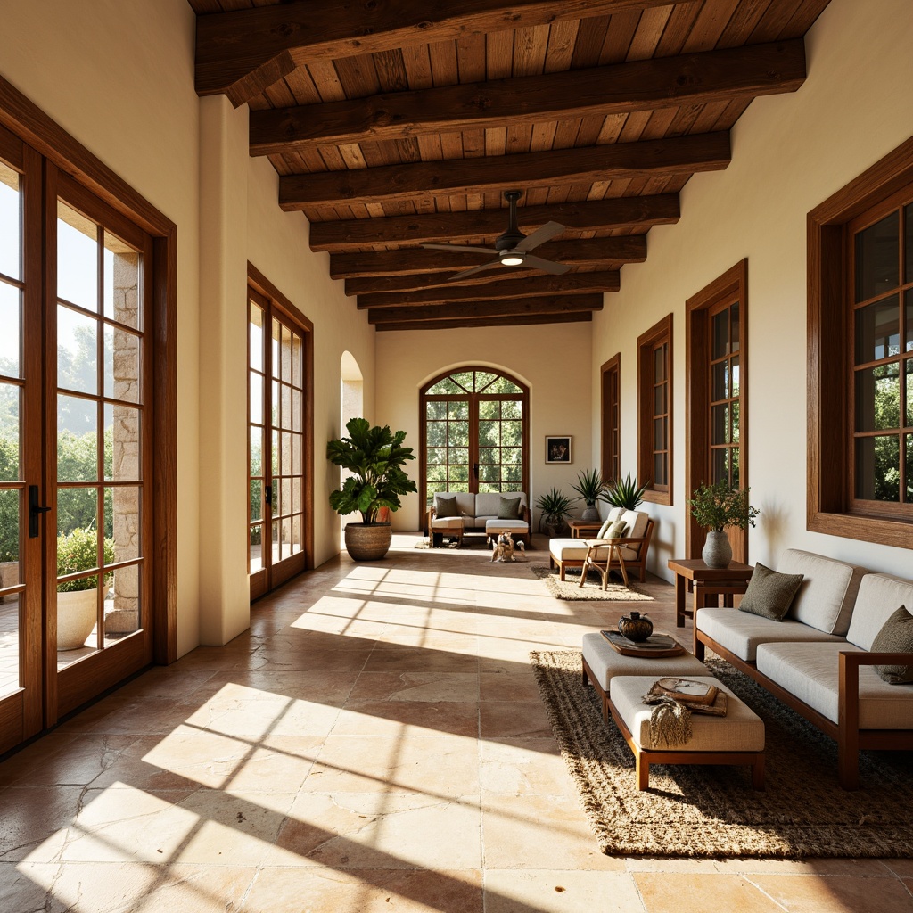 Prompt: Warm Mediterranean interior, large windows, sliding glass doors, natural stone floors, rustic wooden beams, soft creamy walls, elegant archways, ornate tile work, distressed wood furniture, vintage decorative accents, lush greenery, potted plants, bright sunny day, warm golden lighting, shallow depth of field, 1/1 composition, intimate atmosphere, realistic textures, ambient occlusion.