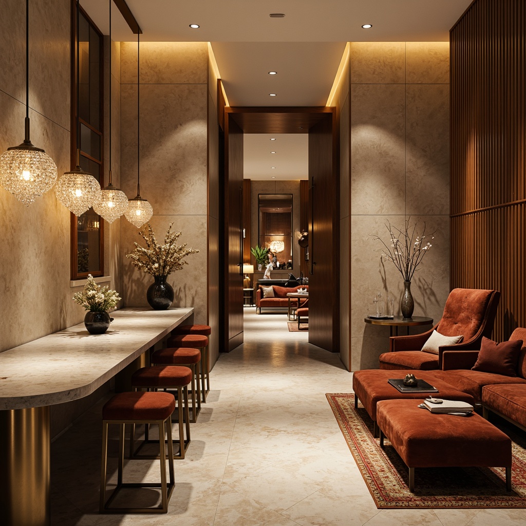 Prompt: Luxurious modern interior, richly textured finishes, warm beige walls, polished marble countertops, sleek metal accents, lavish velvet upholstery, ornate wooden furniture, dramatic crystal chandeliers, soft warm lighting, atmospheric shadows, 3/4 composition, shallow depth of field, realistic reflections, ambient occlusion.