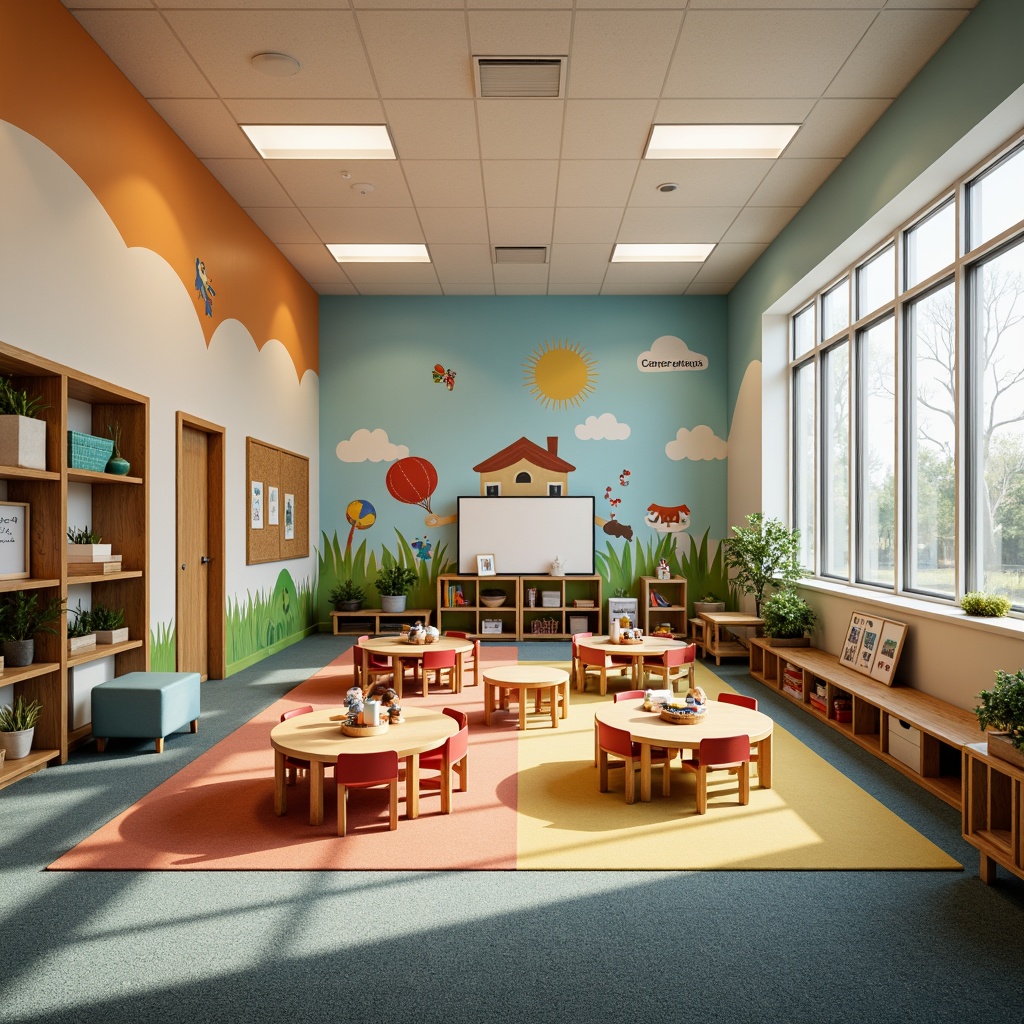 Prompt: Vibrant kindergarten classroom, playful wall murals, colorful paint finishes, textured wallpaper, acoustic panels, soft carpet flooring, rounded corners, protective wall guards, whimsical illustrations, interactive display boards, educational graphics, cork bulletin boards, natural wood accents, warm LED lighting, cozy reading nooks, circular tables, tiny chairs, storage bins, cubby holes, cheerful decor, 1/1 composition, soft focus, shallow depth of field.