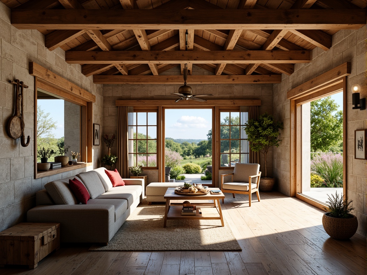 Prompt: Rustic farmhouse, open floor plan, wooden beams, natural stone walls, earthy color palette, vintage farm tools, exposed brick, distressed wood flooring, cozy reading nooks, plush furnishings, soft warm lighting, large windows, sliding glass doors, countryside views, lush greenery, blooming wildflowers, sunny day, shallow depth of field, 3/4 composition, panoramic view, realistic textures, ambient occlusion.